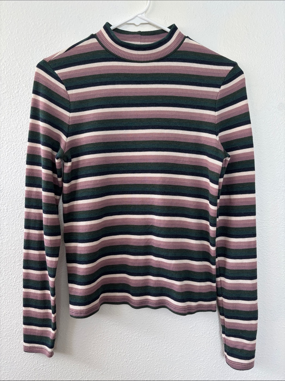 American Eagle Outfitters Mauve and Dark Green Striped Long-Sleeve Mock Neck